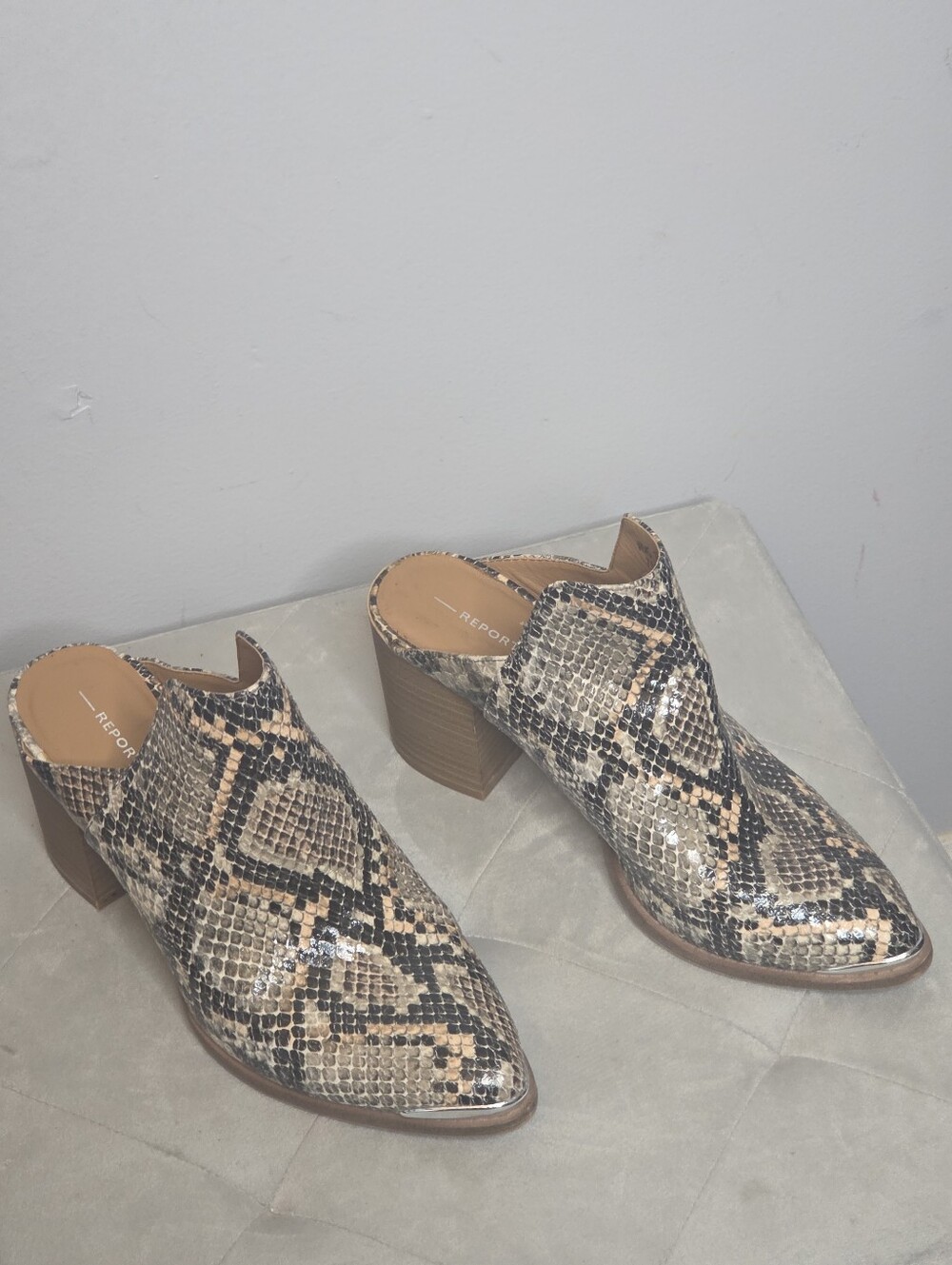 Report Collection Snake-Print Tan and Black Block Heel Mules, Sz 7.5